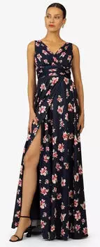 Kraimod Abendkleid Raffungen und floralem Druck navy rot