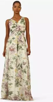 Kraimod Abendkleid Raffungen und floralem Druck weiss lila grün