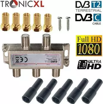 TronicXL 4-fach Antennenverteiler HD mit Wetterschutz und F-Stecker Adapter