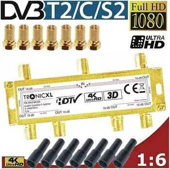 TronicXL SAT-Verteiler 6-fach mit F-Stecker und Wetterschutz, DC-Durchlass, 4K