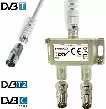 TronicXL IEC Antennenverteiler 2-fach, DVB-T2/DVB-C/DVB-S, mit Kabel und Adaptern