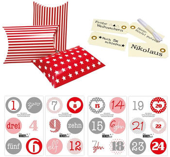 Frau Wundervoll DIY Adventskalender Christkind zum Befüllen rote Sterne/Streifen, Ziffern rosa-rot (FW-60553)