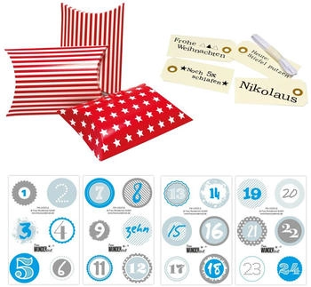 Frau Wundervoll DIY Adventskalender Christkind zum Befüllen rote Sterne und Streifen, Ziffern blau (FW-60555) Frau Wundervoll DIY Adventskalender Christkind zum Befüllen rote Sterne und Streifen, Ziffern blau (FW-60555)