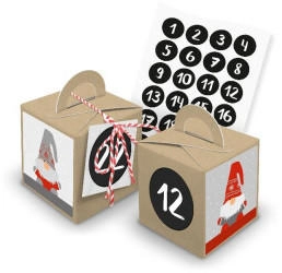 Itenga Adventskalender Schachteln zum Befüllen 24 Würfelboxen Braun Dekogarn rot weiß (20m x 2mm) Anhänger Weiß Zahlensticker und 24 Wichtel Aufkleber