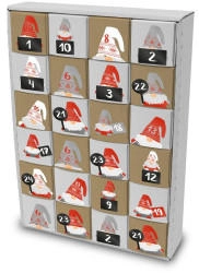 Itenga SET Adventskalender zum Füllen Würfel 6,5cm + Sticker Zahlen Wichtelbande Freiform + Würfel (weiß, braun)