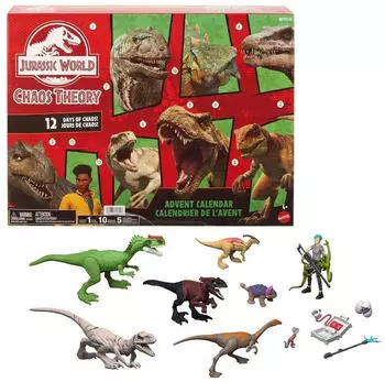 Mattel Jurassic World Adventskalender 2025, 12 &Uuml;berraschungsfenster, 9 Dinosaurier-Figuren (JGM17)