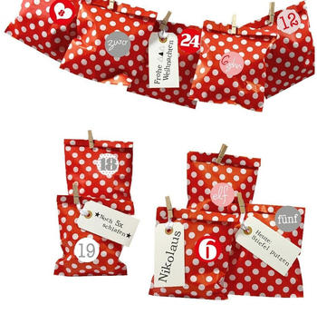Frau Wundervoll Adventskalender zu Befüllen, Papiertüten, rot weiße Punkte, Ziffern rosa-rot (FW-60546)