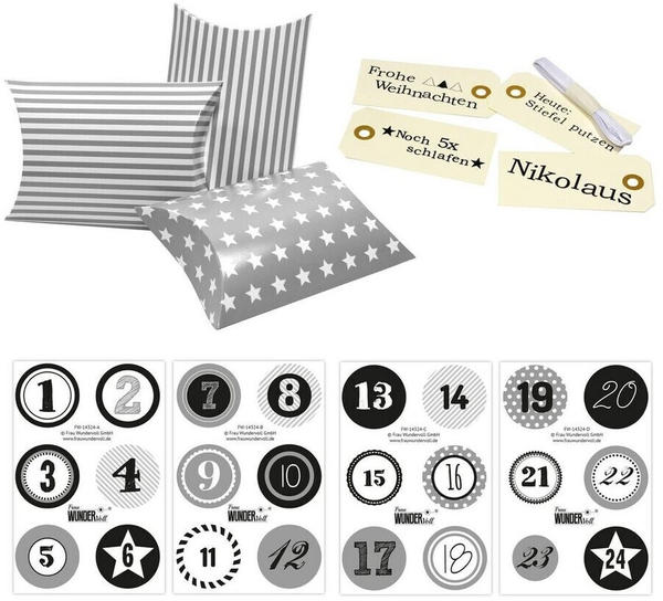Frau Wundervoll Adventskalender zum Befüllen, Pillowbox, graue Sterne und Streifen, Ziffern grau (FW-14336)
