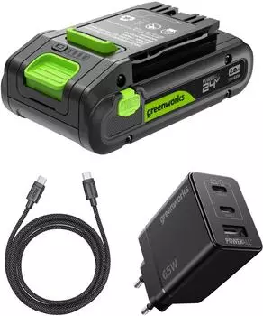 Greenworks Starter-Set 24V, 2Ah HP USB-Akku + 65W Ladegerät + 100W Kabel (K2S2BEAA1)