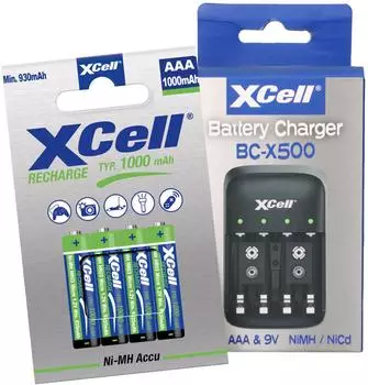 XCell BC-X500 Ladeger&auml;t + 4x AAA Akku 1000mAh NiMH (14160)