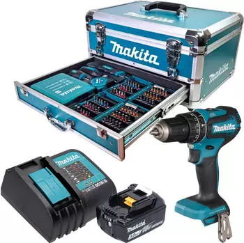 Makita DHP485SF1X9 (1x Akku 3,0 Ah + Ladeger&auml;t + 96 tlg. Zubeh&ouml;r Set + Koffer)