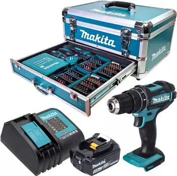 Makita DHP482SF1X9 (1x Akku 3,0 Ah + Ladeger&auml;t + 96 tlg. Zubeh&ouml;r Set + Koffer)