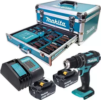 Makita DHP482SFX9 (2x Akku 3,0 Ah + Ladeger&auml;t + 96 tlg. Zubeh&ouml;r Set + Koffer)