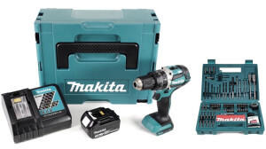Makita DHP 484 RF1J 18V Li-ion Akku Schlagbohrschrauber im Makpac inkl. 3,0 Ah Akku und Ladegerät + Makita B-53811 Bit & Bohrer-Set 100-teilig