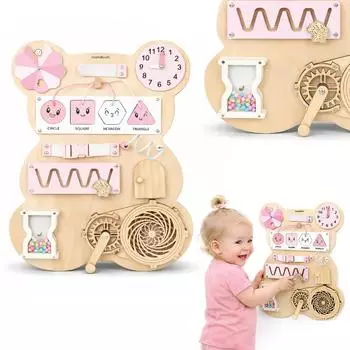 Mamabrum Teddyb&auml;r Sensorikbrett aus Holz, Montessori 10-in-1, rosa