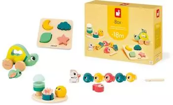 Janod Motorikspielzeug Box 18 Monate, 4 Spielzeuge aus Holz