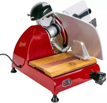 Berkel Red Line 250 Rot, Allesschneider + handgefertigtes Fassholzbrett aus alten Weinf&auml;ssern rot Aluminium RL250-R-FHB