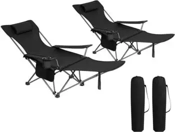 Woltu Campingstuhl klappbar mit Armlehne, Fu&szlig;st&uuml;tze & Getr&auml;nkehalter, Oxford, schwarz, 2er-Set (#2722)