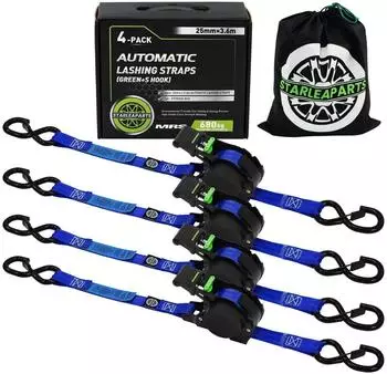 LuxusKollektion Spanngurte mit S-Haken, automatisch einziehbar, 3,6m x 25mm, 340kg, blau, 4er-Pack