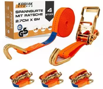 LuxusKollektion Spanngurte mit Ratsche und Haken, 27mm, 6m, 1500kg, orange, 4 Stück