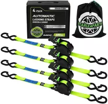 LuxusKollektion Automatik Spanngurte mit S-Haken 3,6m x 25mm 340kg, 4er-Pack, grün