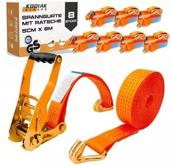 LuxusKollektion Spanngurte 8m 50mm 5000kg mit Ratsche und Haken, orange, 8 Stück (DIN EN 12195-2)