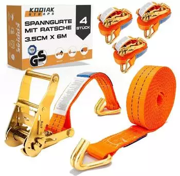 LuxusKollektion Spanngurte mit Ratsche und Haken, 6m, 2000kg, 35mm, orange, 4 St&uuml;ck