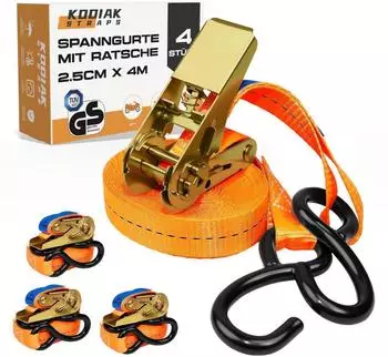 LuxusKollektion Spanngurte mit Ratsche & S-Haken 4m, 25mm, 800kg, TÜV/GS, 4er-Pack