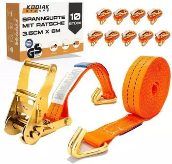 LuxusKollektion Spanngurte mit Ratsche und Haken 6m 2000kg 35mm orange 10er-Pack (DIN EN 12195-2)