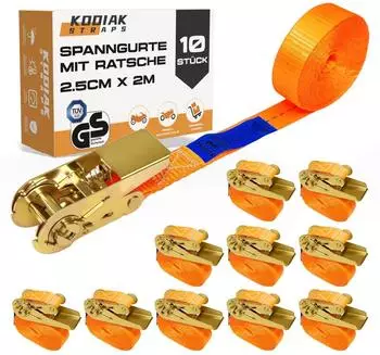 LuxusKollektion Spanngurte mit Ratschenschloss 1000kg, 25mm, 2m, orange, 10 St&uuml;ck (DIN EN 12195-2)
