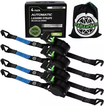 LuxusKollektion Automatik-Spanngurt mit J-Haken, 4er-Pack, 3,6m x 25mm, 340kg/680kg, schwarz