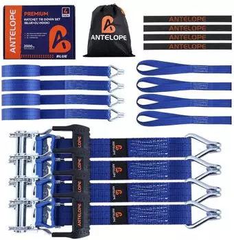 Antelope Audio Spanngurte mit Ratsche, zweiteilig, 6m x 35mm, J-Haken, blau, 4er-Set