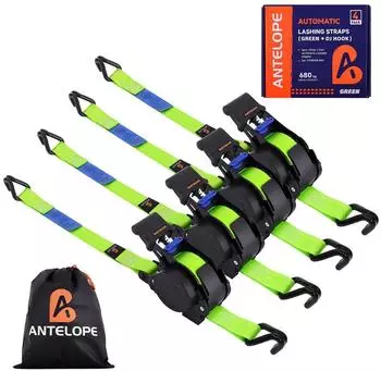 LuxusKollektion Spanngurt mit Selbstaufroller J-Haken gr&uuml;n 4er-Set 680kg (2.5x360cm)