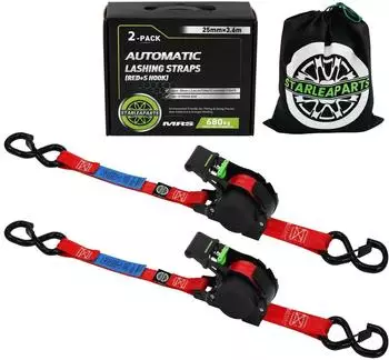 LuxusKollektion Spanngurt automatisch einziehbar mit S-Haken, 25mm x 3,6m, rot (2er-Pack)