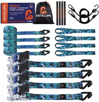 Antelope Audio Spanngurte mit Ratsche, J-Haken, tarnblau, 25mm x 4m, 4 St&uuml;ck (EN 12195-2)