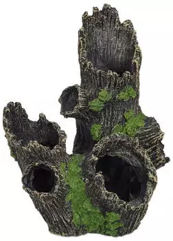 Relaxdays Aquariumdeko Baumstamm Polyresin Schwarz Gr&uuml;n 5 Eing&auml;nge 16,5 x 15,5 x 11 cm