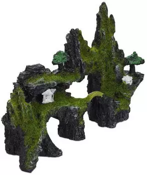 Relaxdays Aquarium Deko Felsen Polyresin Grau Gr&uuml;n 17 cm x 23,5 cm x 8,5 cm 450 g