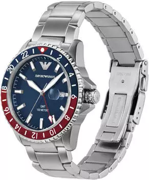 Emporio Armani Uhr mit GMT-Zweizeigerwerk und Edelstahlarmband AR11590