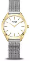 BERING Damen Solar-Quarz Uhr | Armbanduhr 35 mm goldenes Edelstahlgeh&auml;use und