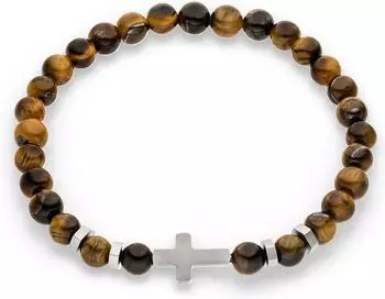 s.Oliver Armband Beads, Kreuz mit Tigerauge und Onyx, edelstahlfarben-braun, Herren, 17cm (6012049.89B0.17)