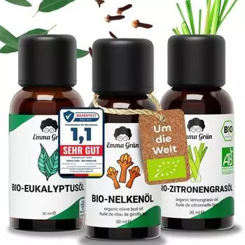 Emma Grün Um die Welt Ätherische Öle Set mit Eukalyptus- Zitronengras- & Nelkenöl 3x30 ml