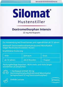 Silomat Hustenstiller Dextromethorphan Intensiv Hartkapseln (12 Stk.) – Silomat Hustenstiller Dextromethorphan Intensiv Hartkapseln (12 Stk.) – gezielter Wirkstoff in apothekenpflichtigem Arzneimittel