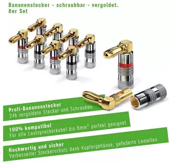 conecto Bananenstecker 8er-Set 90&deg; gewinkelter Stecker f&uuml;r alle Audio-Kabel (SA-CC50821)