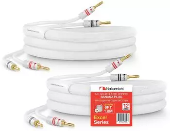 Nakamichi 24K vergoldeter Bananenstecker mit Lautsprecherkabel Weiß (12AWG / 6 Fuß / 1,8 Meter) 2er-Pack