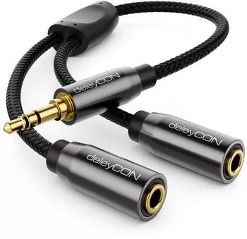 deleyCON 0,20m Audio Klinken Y Splitter Kabel AUX 3,5mm Klinken Stecker auf 2X 3,5mm Klinken Buchse