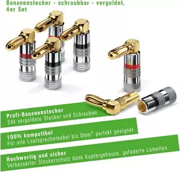 conecto Bananenstecker 4er-Set 90° gewinkelter Stecker für Lautsprecherkabel bis 6mm² (SA-CC50820)