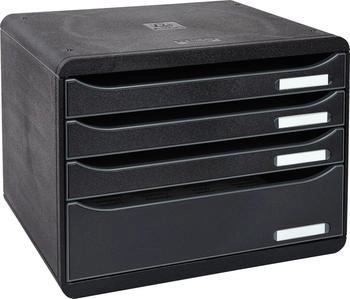 Exacompta Schubladenbox 315714D, Big Box Plus quer, A4 quer, 4 Fächer, Kunststoff, offen, schwarz