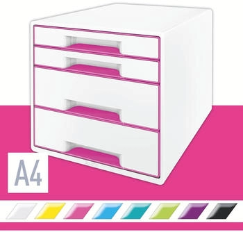 Leitz Schubladenbox 5213-20-23, WOW Cube, A4, 4 F&auml;cher, Kunststoff, geschlossen, pink / wei&szlig;