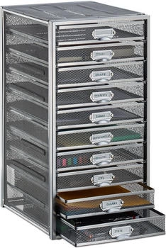 Relaxdays Schubladenbox A4, 10 F&auml;cher, Metall, geschlossen, silber