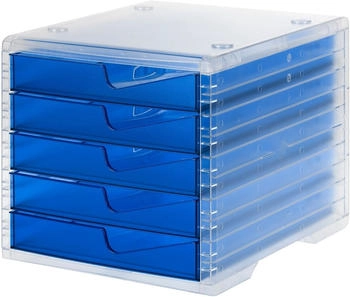 styro Schubladenbox styroswing light 5 Schübe Auszugsperre & Griffmulde stapelbar B 270 x T 340 x H 255 mm Polystyrol transparent-blau